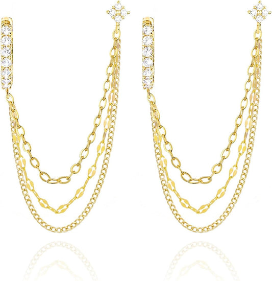 Chain Earrings for Double Piercing Gold Dangle Earring Set with 3 Chains Connected Stud for Pierced Ears Hoop Earrings for Women Two Holes Piercings Flower Stud and Chain Jewelry