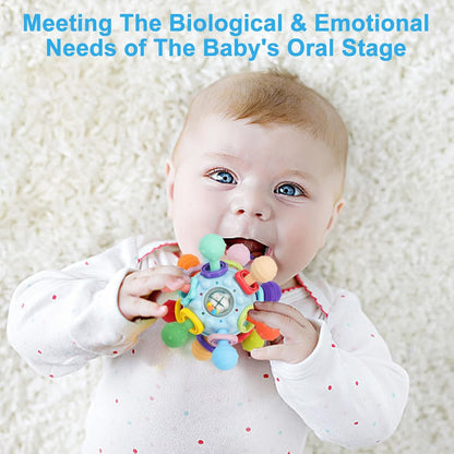 Baby Montessori Sensory Teether Toy for 0-6, 6-12 Months, Blue, Silicone & ABS Plastic, Baby Rattle