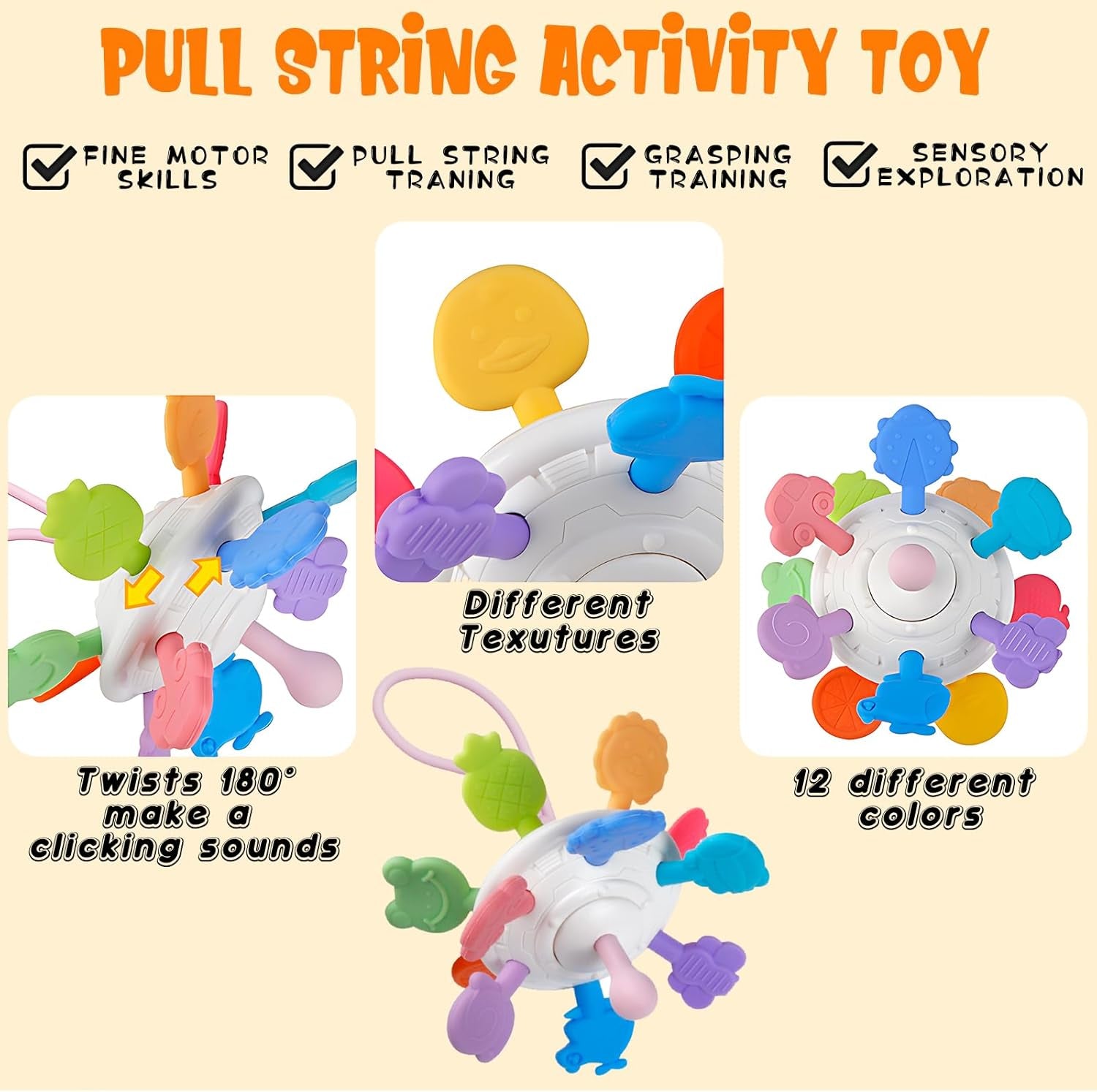 6 in 1 Baby Toys 6 to 12 Months, Montessori Toy for Toddlers 1-3, Infant Teething Babies Toy Stacking Blocks Rings Pull String Toy Sorter Sensory Bin