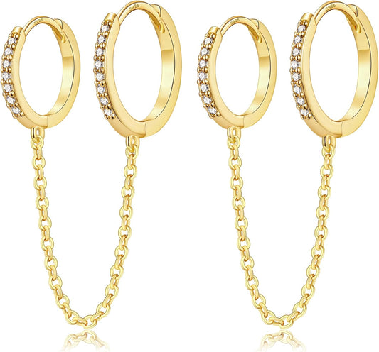 Small Huggie Hoop Earrings for Women, 14K Gold Plated Sterling Silver Post Chain Hoops Hypoallergenic Dangle Drop Earrings