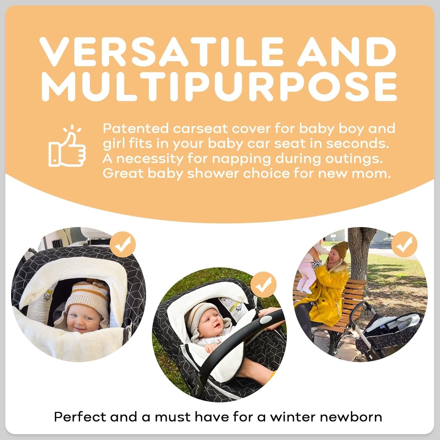 Baby Car Seat Cover Winter Carseat Canopies Cover to Protect Baby from Cold Wind, Super Warm Plush Fleece Baby Carrier Cover for Infant Boys Girls (Black)