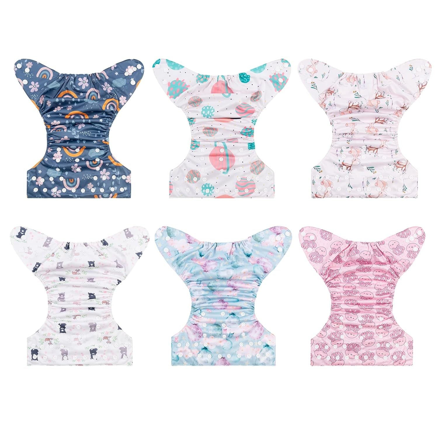 Reusable Cloth Diapers 6 Pack+6Pcs Rayon from Bamboo Inserts+Wet Bag, One Size Adjustable Washable Pocket Nappy Covers for Baby Girls and Boys 6FG38