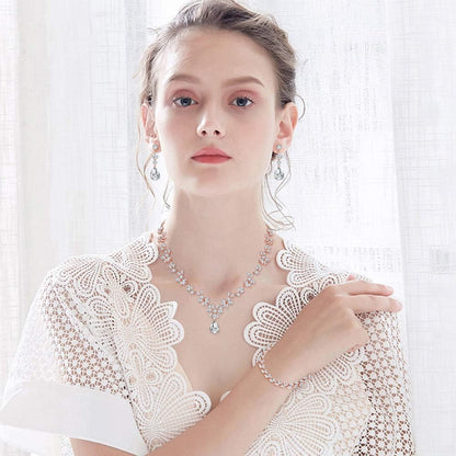 Jewelry Set for Women, Necklace Dangle Earrings Bracelet Set with White AAA Cubic Zirconia, Allergy Free Wedding Party Jewelry for Bridal Bridesmaid