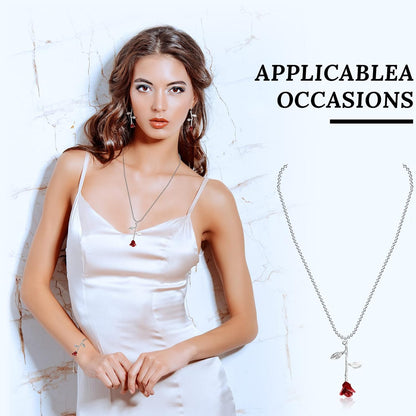 18K Gold Plated Jewelry Set Rose Necklace Bracelet Earrings Red Rose Flower Pendant for Christmas Gift Women