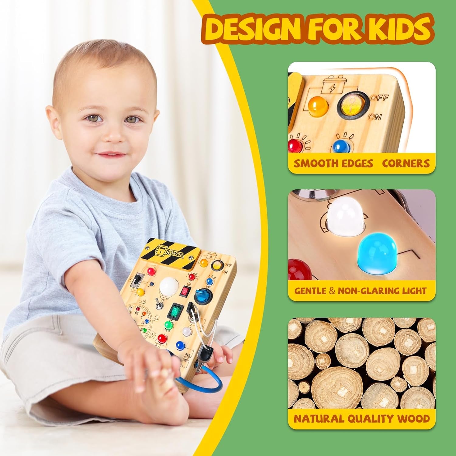 Busy Board,Montessori Toys for 1-3 Years Old, Wooden Toddler Toys, Sensory Travel Toys, Ideal Gift for 1+ Year Old Boys (Busy Board plus V2), Medium, Yellow