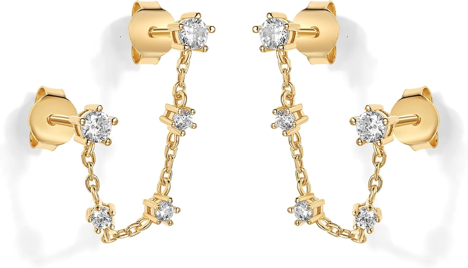 14K Gold Plated Delicate CZ Chain Earrings for Women - Double Piercing Dangle Chain Studs - Cubic Zirconia Earscapes