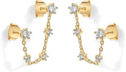 14K Gold Plated Delicate CZ Chain Earrings for Women - Double Piercing Dangle Chain Studs - Cubic Zirconia Earscapes