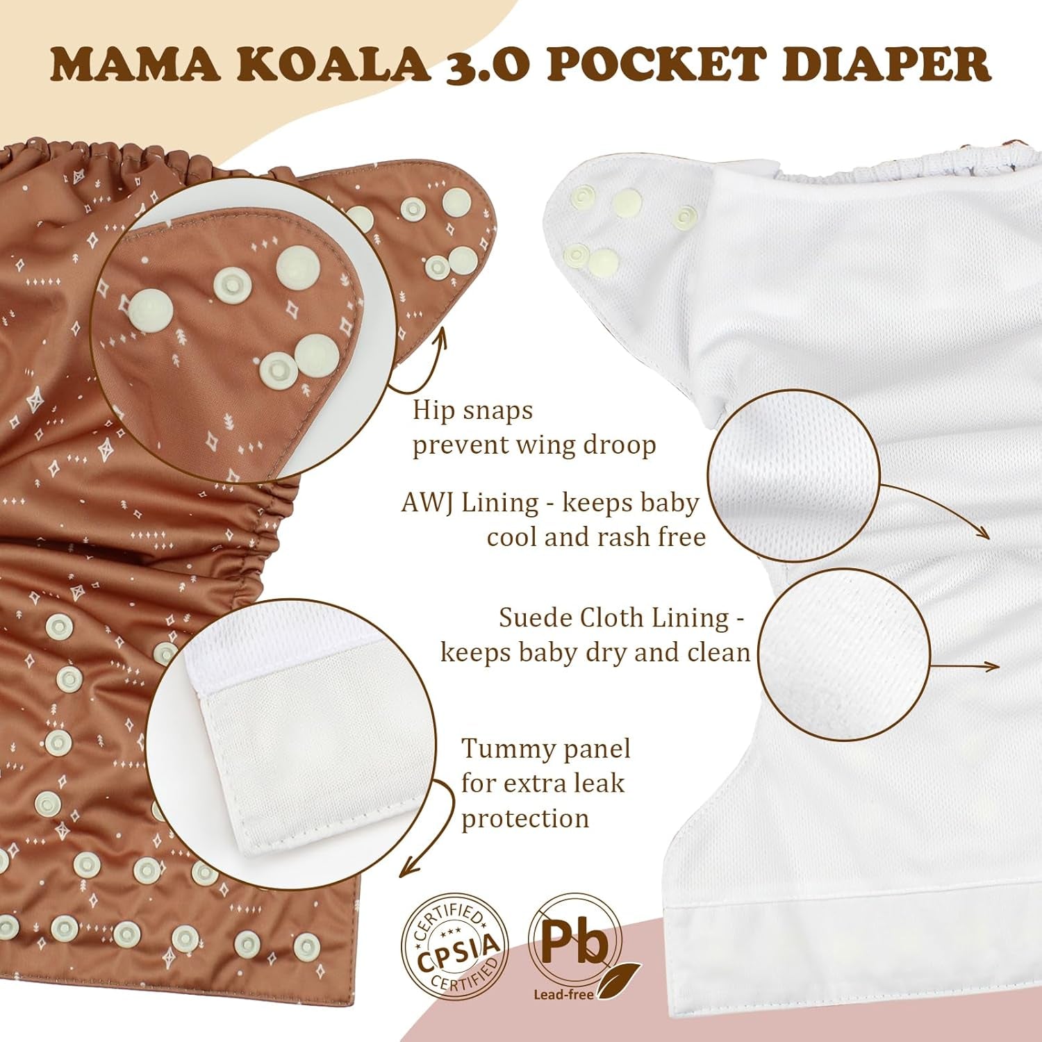 3.0 Pocket Cloth Diapers for Babies with AWJ Lining, 6 Pack with 6 4-Layer Natural Cloth Diaper Inserts - Reusable and Washable Pocket Diapers(Simply Neutrals)