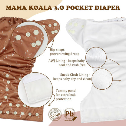 3.0 Pocket Cloth Diapers for Babies with AWJ Lining, 6 Pack with 6 4-Layer Natural Cloth Diaper Inserts - Reusable and Washable Pocket Diapers(Simply Neutrals)