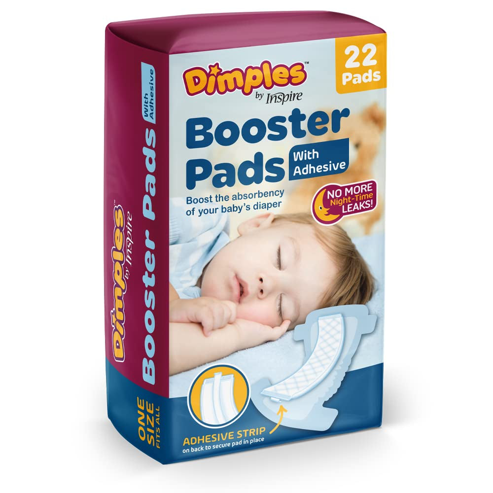 Dimples Booster Pads, Baby Diaper Doubler with Adhesive for Secure Fit | 1 Size Fits All Diapers | Boosts Absorbency No More Leaks 22 Count