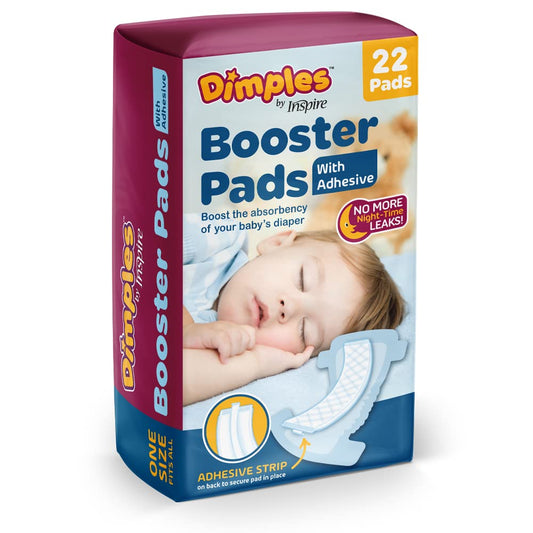 Dimples Booster Pads, Baby Diaper Doubler with Adhesive for Secure Fit | 1 Size Fits All Diapers | Boosts Absorbency No More Leaks 22 Count