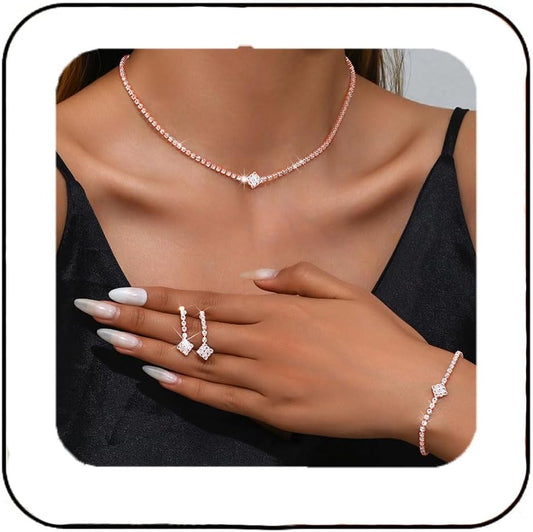 Silver Bridal Wedding Jewelry Set Sparkly Rhinestone Necklace Earrings Bracelet Sets Formal Costume Jewelry for Women and Brides