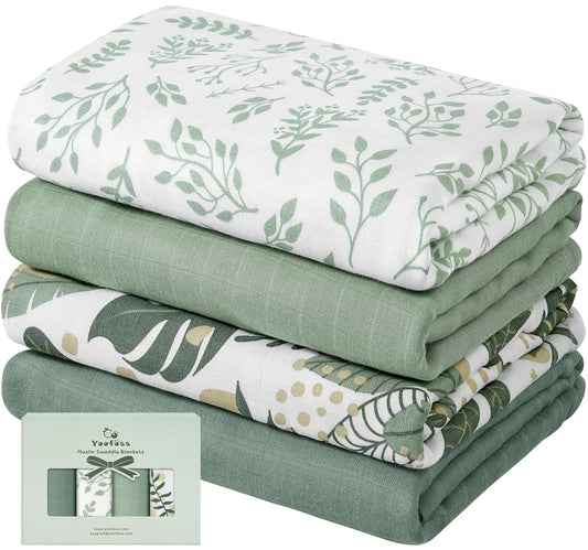Muslin Swaddle Blankets, 4-Pack Receiving Blankets for Baby Boys and Girls, 47 X 47 Inches Baby Blanket Neutral Swaddle Wrap 70% Rayon from Bamboo and 30% Cotton