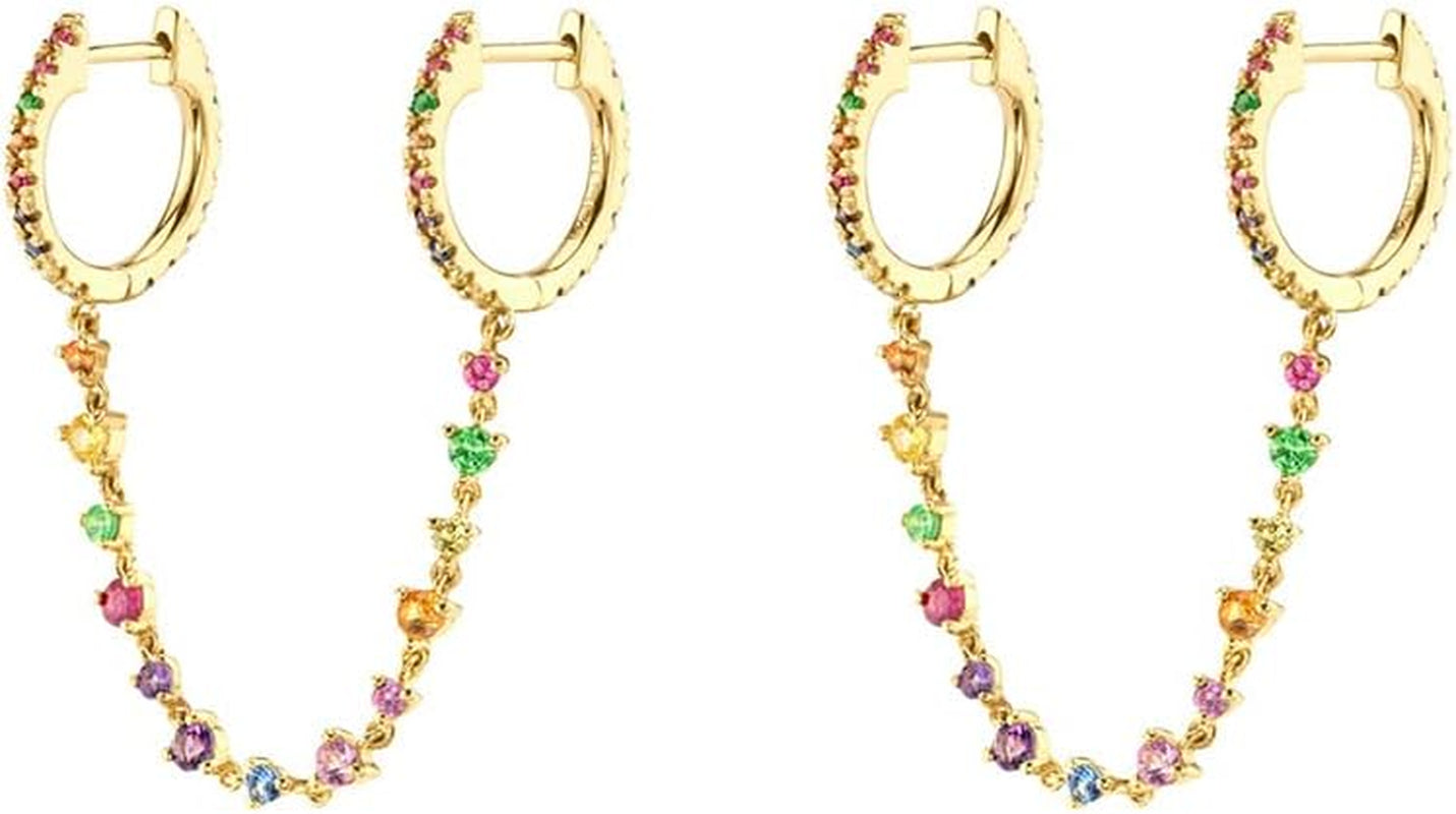 Dainty CZ Double Piercings Two Holes Small Hoop Cuff Cartilage Hypoallergenic Earrings for Women 925 Sterling Silver Post Cubic Zirconia Chain Threader Dangle Drop Crystal Climber Crawler Wrap Dainty Huggie Hoops Fashion Piercing Jewelry Gifts 1 Pair