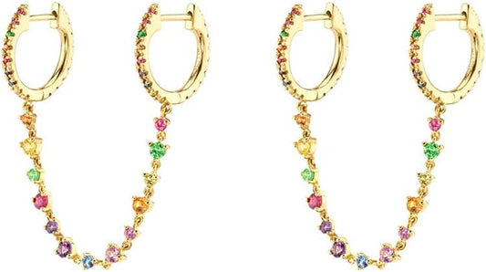 Dainty CZ Double Piercings Two Holes Small Hoop Cuff Cartilage Hypoallergenic Earrings for Women 925 Sterling Silver Post Cubic Zirconia Chain Threader Dangle Drop Crystal Climber Crawler Wrap Dainty Huggie Hoops Fashion Piercing Jewelry Gifts 1 Pair