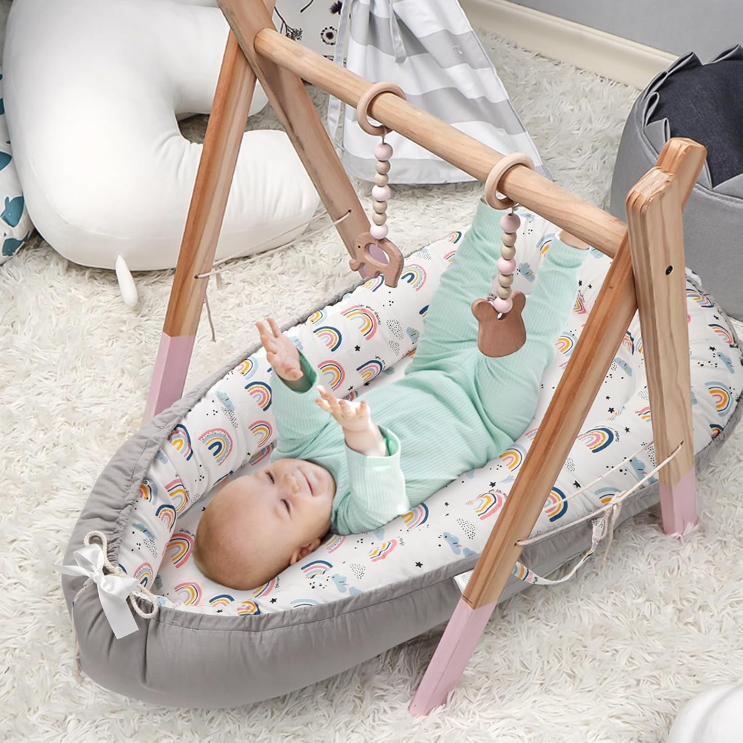 Baby Lounger for Newborn, Detachable Mosquito - Newborn Lounger Cover for 0-24 Months, Breathable & Portable Infant Lounger - Soft Baby Floor Seat Cover for Travel, Newborn Essentials - Grey