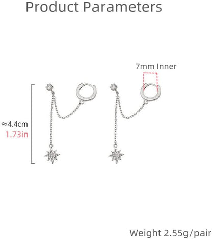 Star 925 Sterling Silver Double Piercing Earrings Huggie Cuff Chain for Women Teen Girls 2 Holes CZ Charm Dangle Drop Small Hoop Earrings Cartilage Climber Jewelry