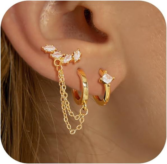 Gold Chain Earrings for Women 14K Gold Plated CZ Studs and Huggie Earrings Set Trendy Jewelry Double Piercing Dangle Chain Huggie Hoop Earrings Set Hypoallergenic Earring Stacks