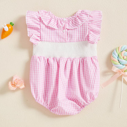 Newborn Baby Girl Smocked Romper Embroidery Peter Pan Collar Ruffle Sleeve Bubble Bodysuit Summer Outfit