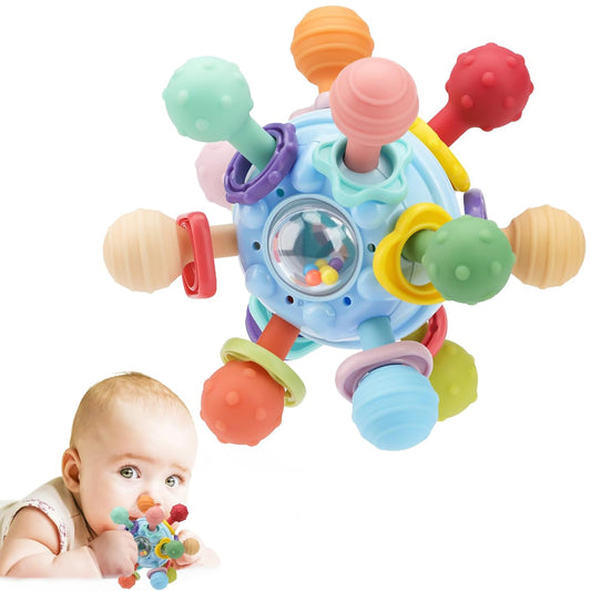Baby Montessori Sensory Teether Toy for 0-6, 6-12 Months, Blue, Silicone & ABS Plastic, Baby Rattle