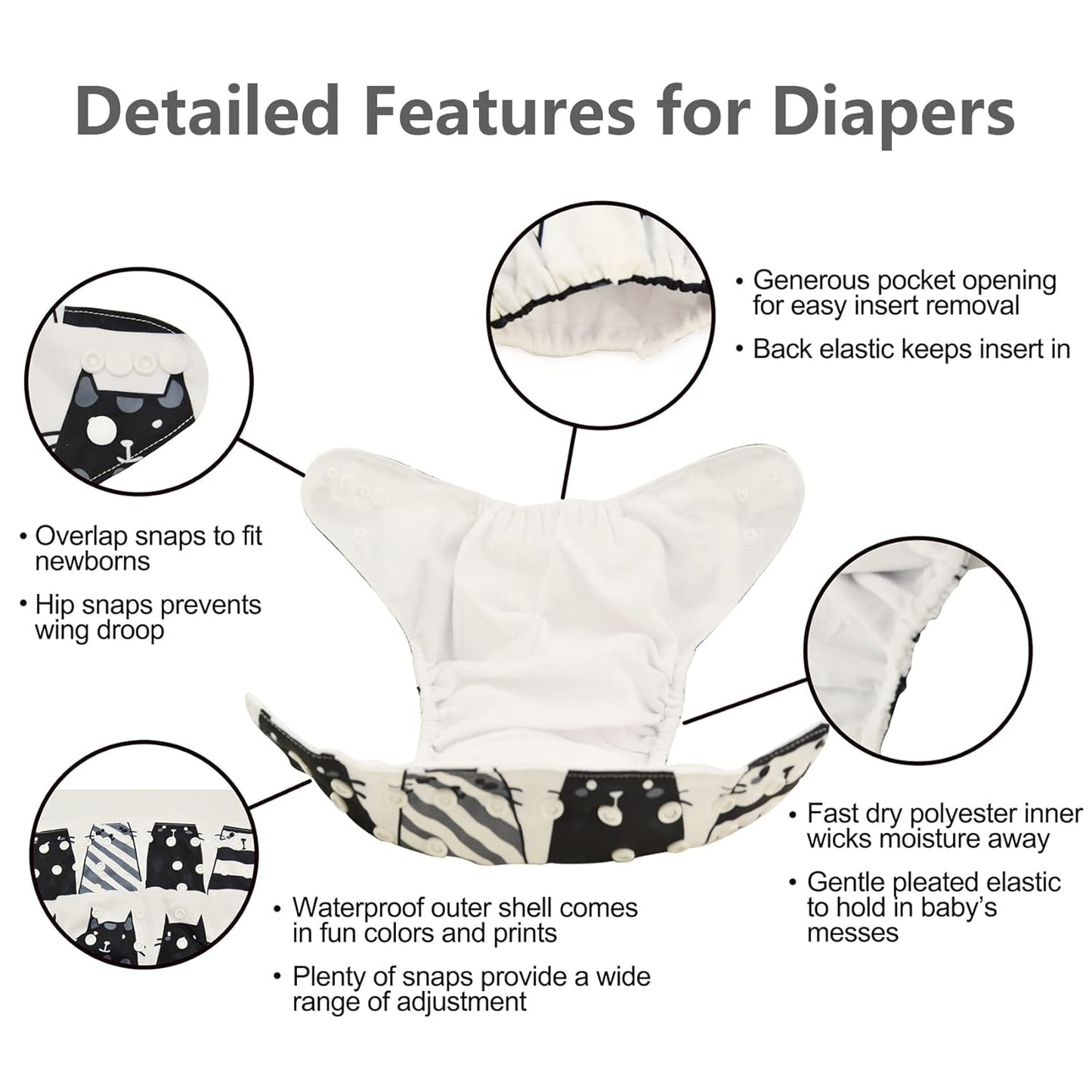 Reusable Cloth Diapers 6 Pack+6Pcs Rayon from Bamboo Inserts+Wet Bag, One Size Adjustable Washable Pocket Nappy Covers for Baby Girls and Boys 6FG38