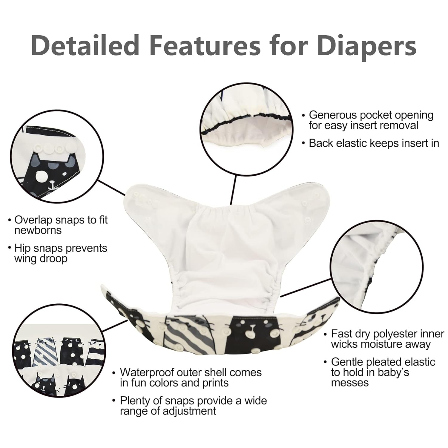 Reusable Cloth Diapers 6 Pack+6Pcs Rayon from Bamboo Inserts+Wet Bag, One Size Adjustable Washable Pocket Nappy Covers for Baby Girls and Boys 6FG38