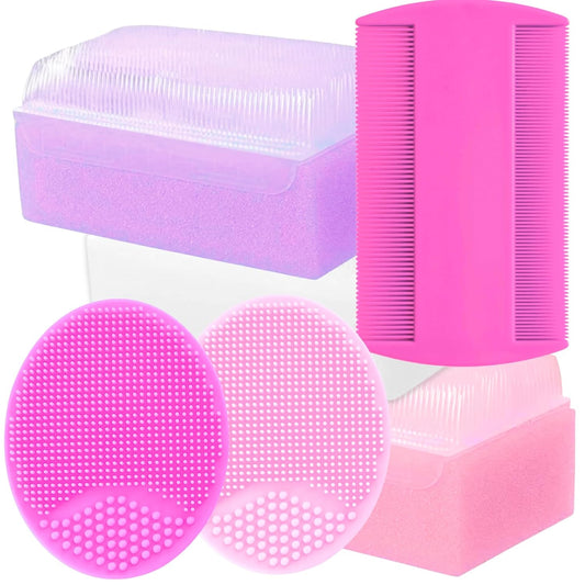 Cradle Cap Brush and Comb Set - Baby Sponge for Bathing Newborn Bath Essentials | Scalp Scrubber Treatment Set of 6 (Pink)