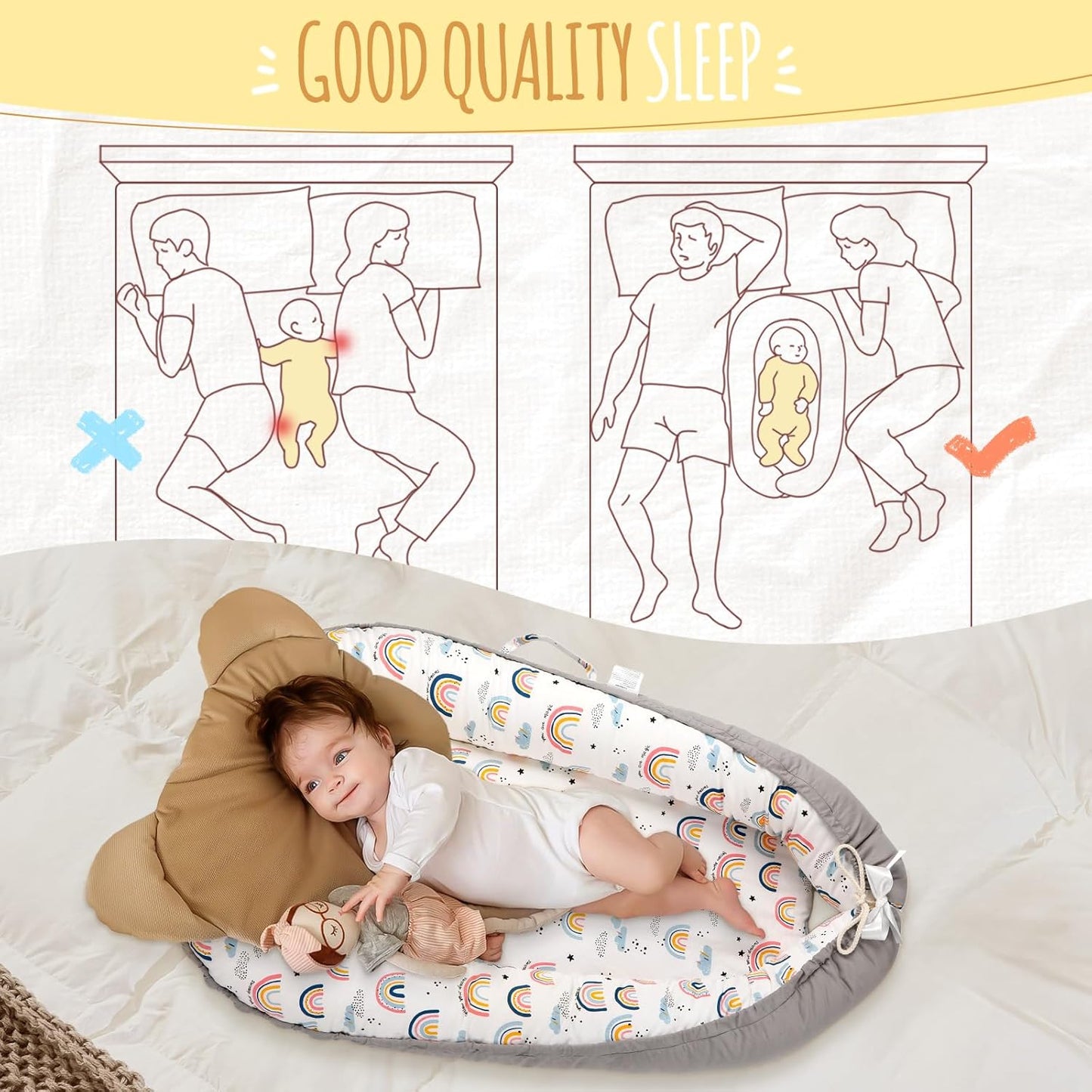 Baby Lounger for Newborn, Detachable Mosquito - Newborn Lounger Cover for 0-24 Months, Breathable & Portable Infant Lounger - Soft Baby Floor Seat Cover for Travel, Newborn Essentials - Grey