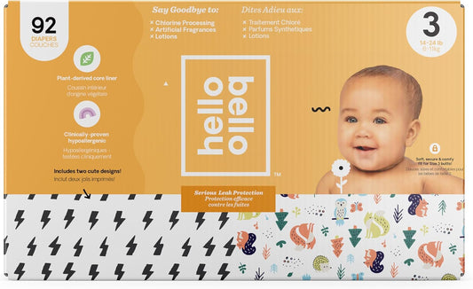 Diapers, Size 3 (14-24 Lbs), 92 Count of Premium Disposable Baby Diapers in Bolt Babes and Woodland Animals Designs, Hypoallergenic with Soft, Cloth-Like Feel