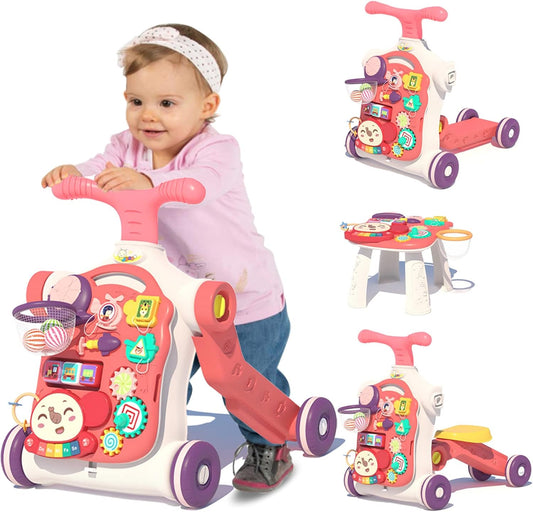 5 in 1 Walker for Baby Girl, Baby Push Walkers, Assemble as Scooter/Motorbike/Activity Center/Detachable Panel, Walking Toys for Infants 6-12 Months, Red