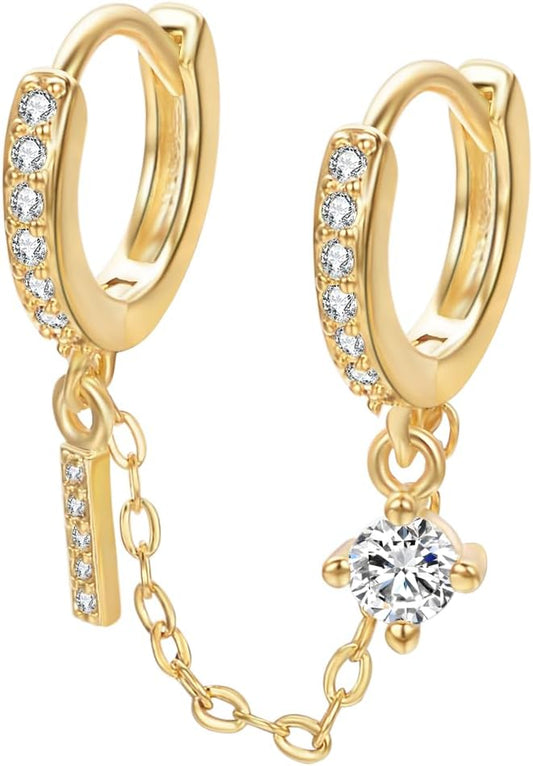 Double Pierced Huggie Hoop Earrings for Women 14K Gold Plated CZ Chain Drop Earrings Single Ear Jewelry Gifts