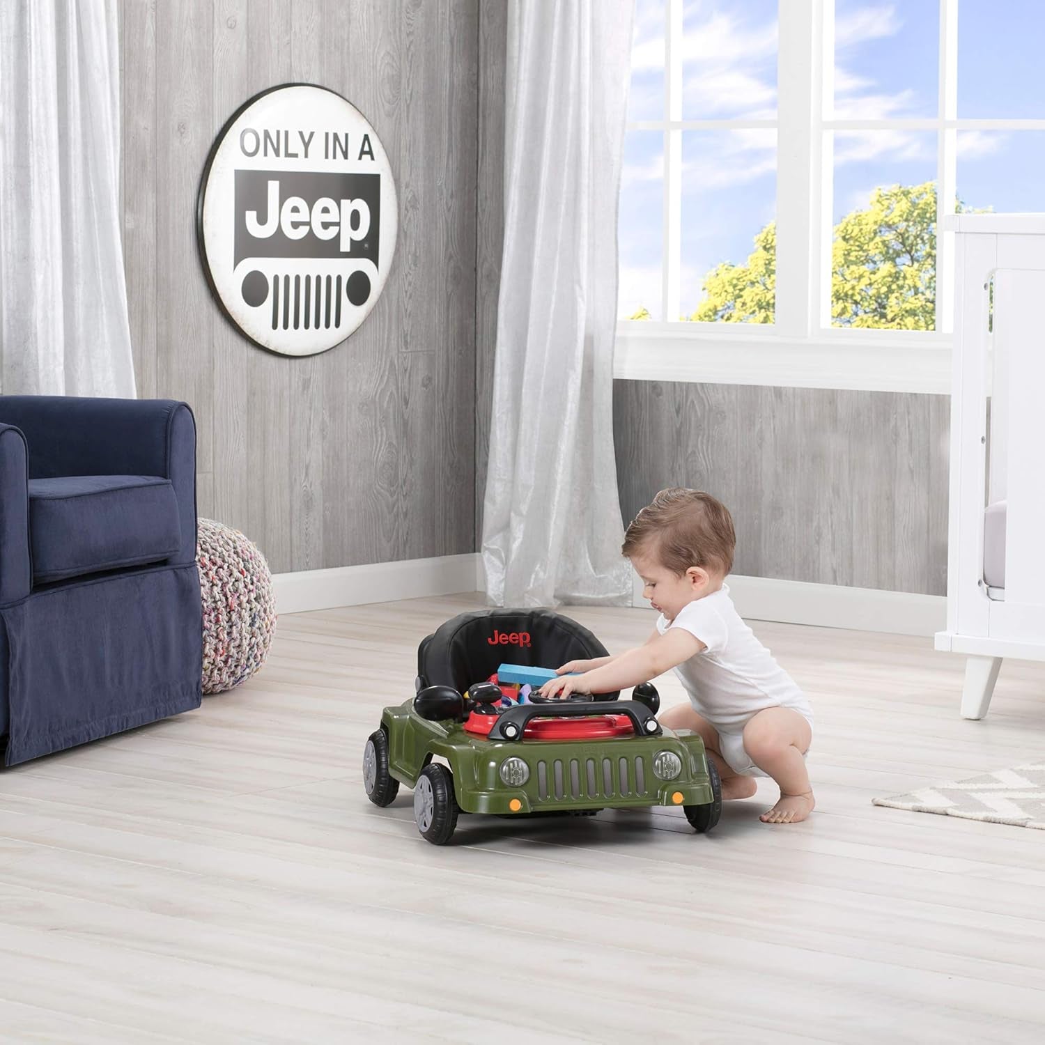 Jeep Classic Wrangler 3-In-1 Grow with Me Activity Walker - Features Music, Lights, Removable Play Tray, Push Walker Mode, Converts into Rolling Car Toy, Anniversary Green