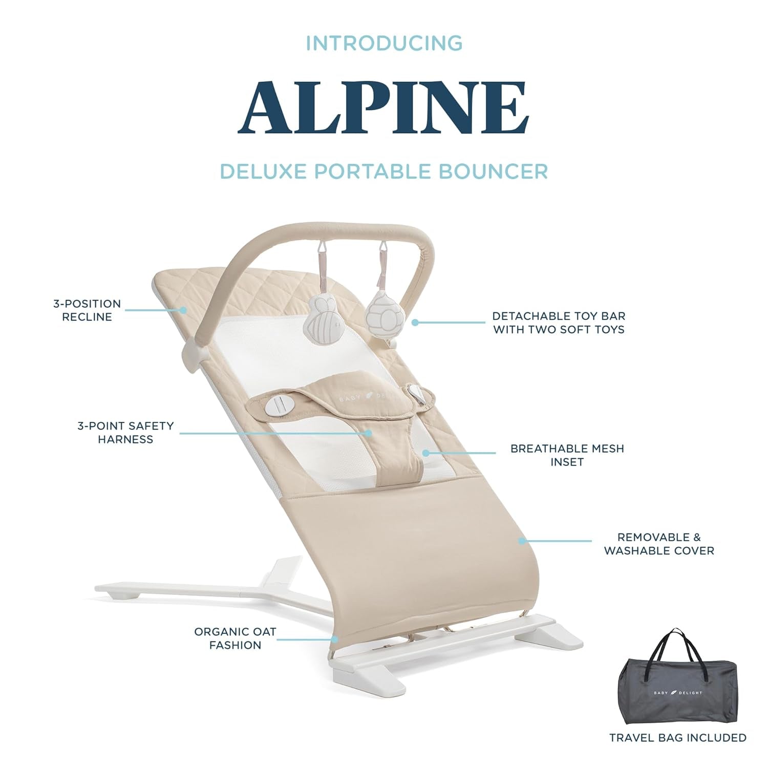 Alpine Deluxe Portable Bouncer for Infants (0-6 Months) - Made with 100% GOTS Certified Organic Cotton in Oat Color