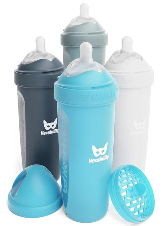 Double Anti-Colic Baby Bottles – 12 Fl Oz/340Ml – 4-Pack – Multicolor - White, Gray, Iron Blue, Blue