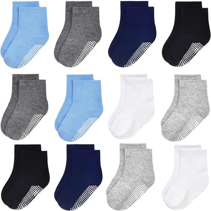 Baby Socks for Boys & Girls, 12 Pairs Non Slip anti Skid Sticky Cotton Socks, 0-7 Years