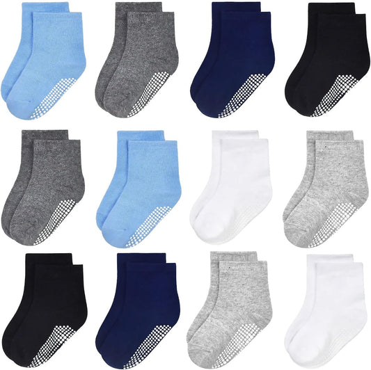 Baby Socks for Boys & Girls, 12 Pairs Non Slip anti Skid Sticky Cotton Socks, 0-7 Years