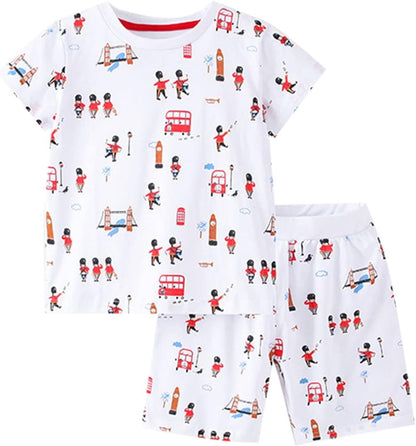 Children'S Boys Summer Dress Short Sleeve Top + Shorts Printed Cotton 2 Piece Set Kids Clothes (White, 4-5 Years)