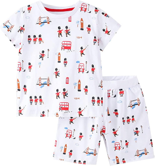 Children'S Boys Summer Dress Short Sleeve Top + Shorts Printed Cotton 2 Piece Set Kids Clothes (White, 4-5 Years)