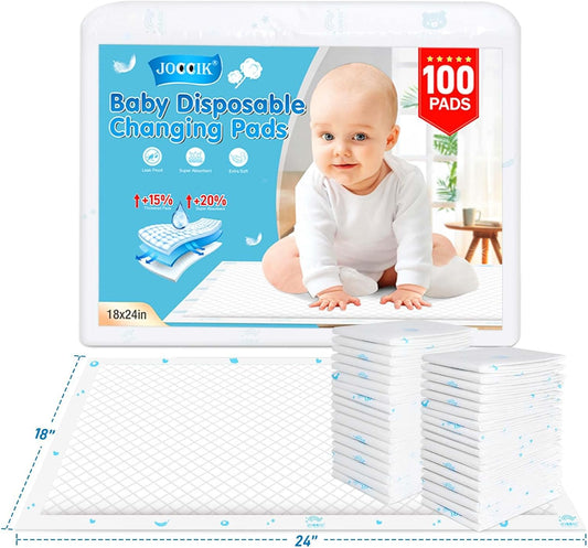 Disposable Changing Pads for Baby 15% Thicker Super Absorbent 100 Pack, Large Baby Underpads Ultra Soft 18X24In