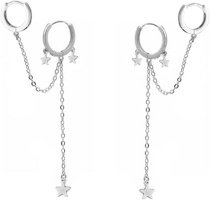 Star Double Piercing Ear Cuff 925 Sterling Silver Earrings CZ Dainty Dangle Drop Tassel Huggie Small Cartilage Hoop Chain Threader Crawler Climber Earrings for Women Teen Girls Sensitive Ear Two