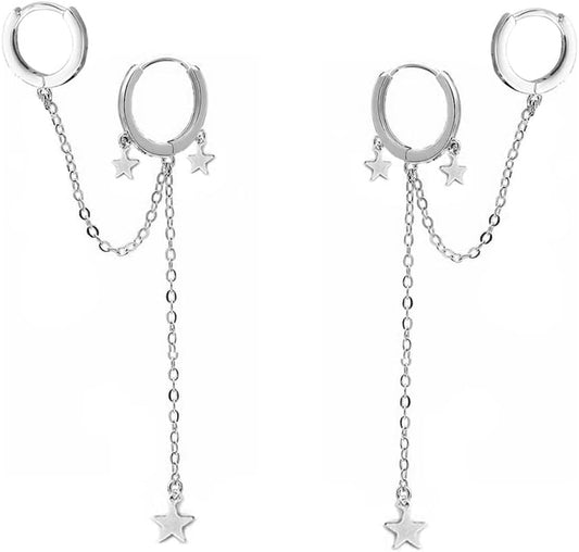 Star Double Piercing Ear Cuff 925 Sterling Silver Earrings CZ Dainty Dangle Drop Tassel Huggie Small Cartilage Hoop Chain Threader Crawler Climber Earrings for Women Teen Girls Sensitive Ear Two