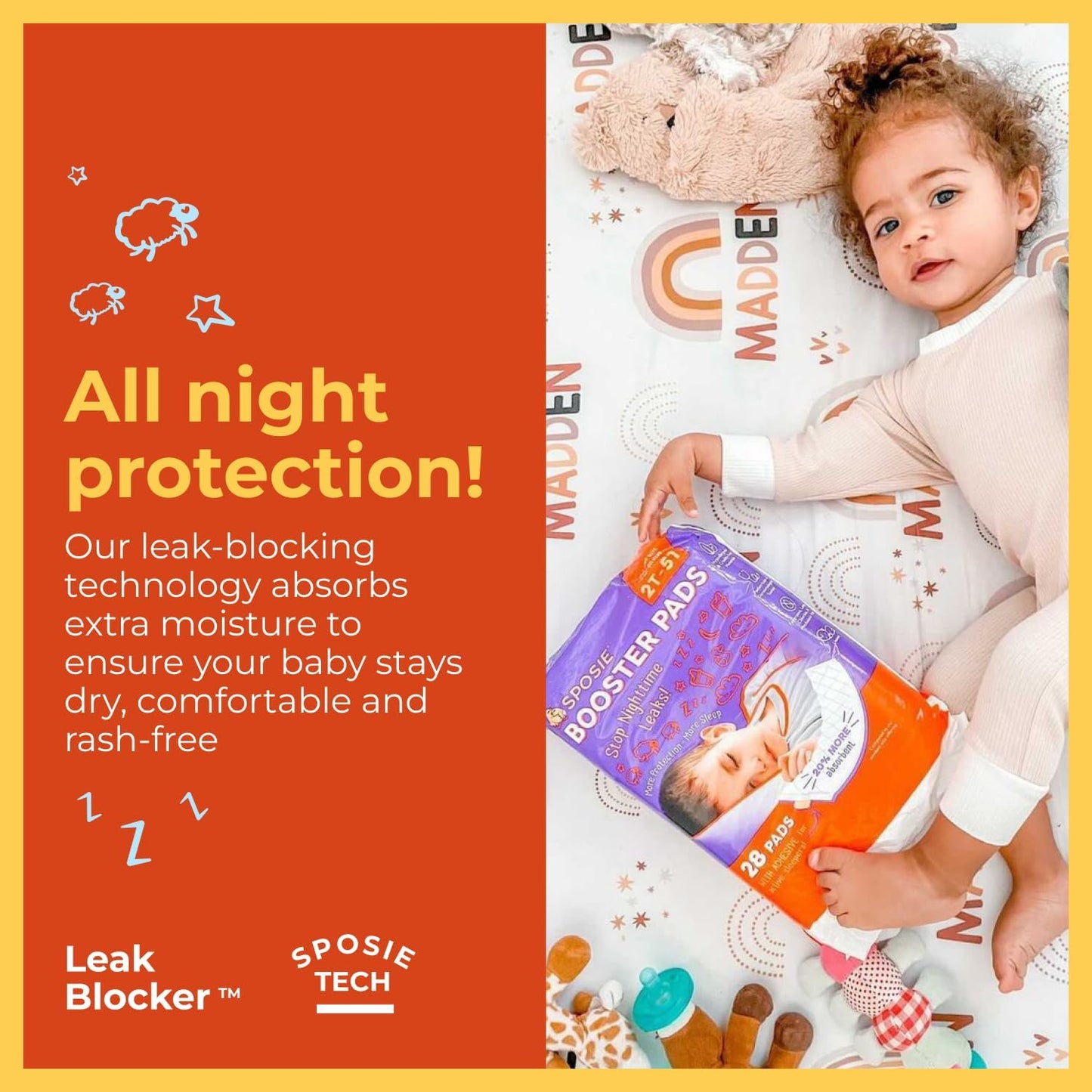 Sposie Diaper Booster Pads, Stop Leaks in Overnight Diapers, Nighttime Diapers, Baby Diapers, and Disposable Toddler Training Underwear Girls and Boys, Adhesive Diaper Pad, Size 5 Diapers and Up