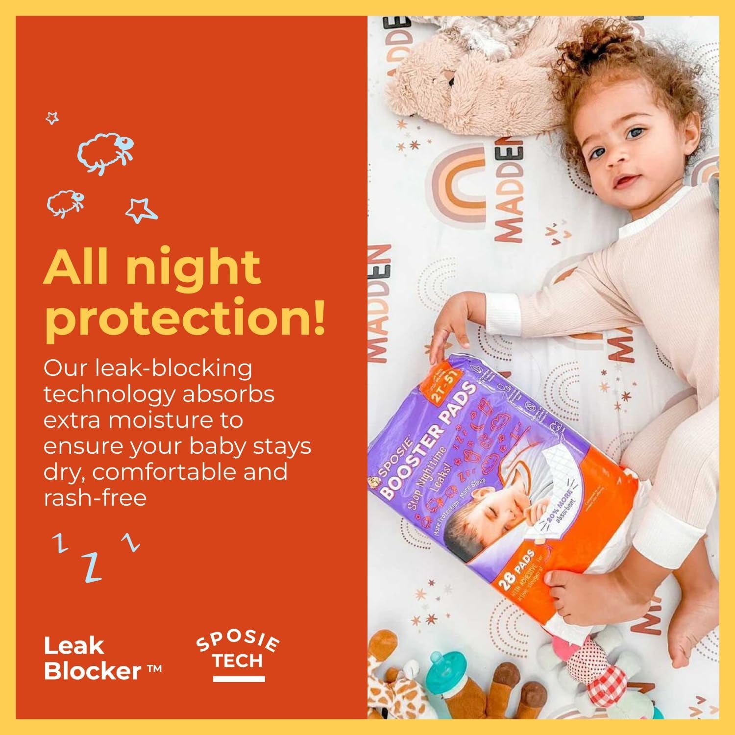 Sposie Diaper Booster Pads, Stop Leaks in Overnight Diapers, Nighttime Diapers, Baby Diapers, and Disposable Toddler Training Underwear Girls and Boys, Adhesive Diaper Pad, Size 5 Diapers and Up