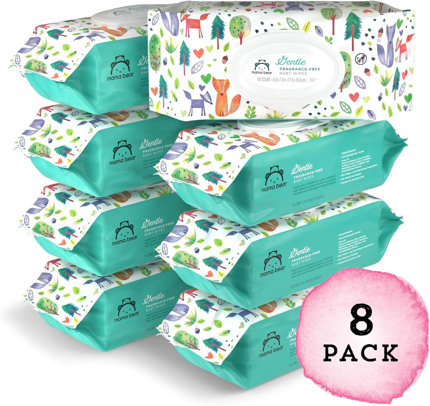Amazon Brand -  Gentle Fragrance Free Baby Wipes, Hypoallergenic, Sensitive Skin, Unscented, 800 Count (8 Packs of 100)