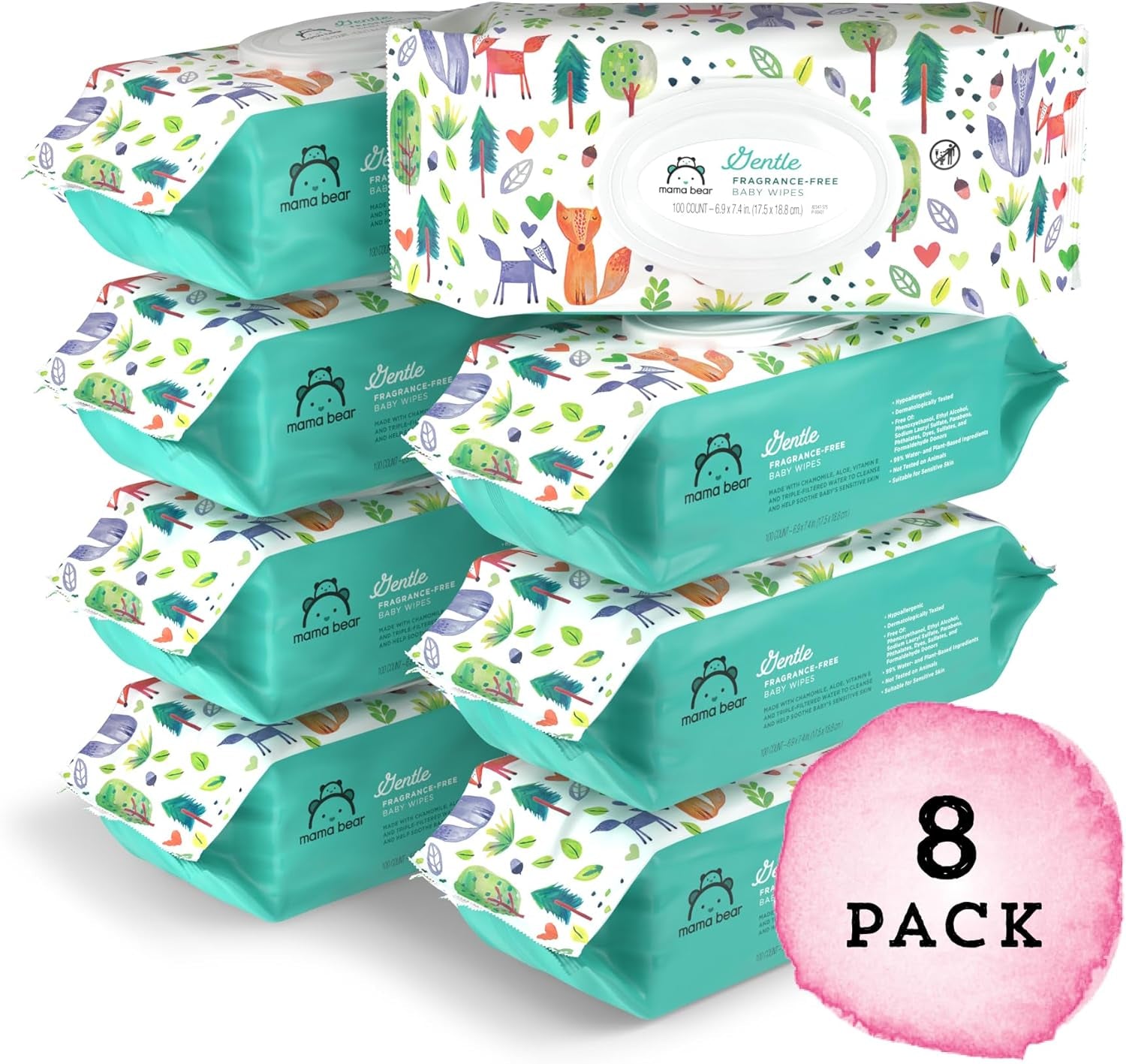 Amazon Brand -  Gentle Fragrance Free Baby Wipes, Hypoallergenic, Sensitive Skin, Unscented, 800 Count (8 Packs of 100)