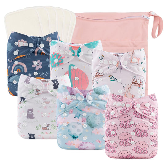 Reusable Cloth Diapers 6 Pack+6Pcs Rayon from Bamboo Inserts+Wet Bag, One Size Adjustable Washable Pocket Nappy Covers for Baby Girls and Boys 6FG38