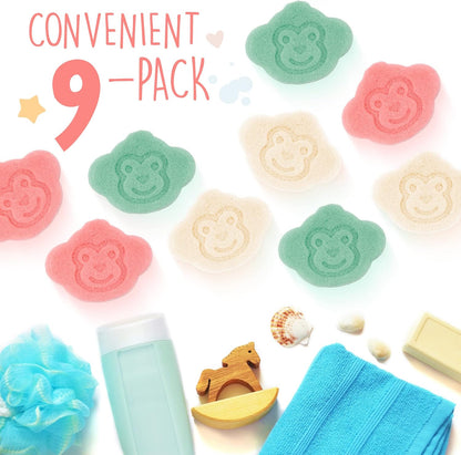 [9 Pack] Konjac Baby Bath Sponge Set for Sensitive Skin - for Safe and Natural Infant Bath Time - Baby Sponge for Bathing with String for Hanging & Extra Grip - Newborn Bath Sponge Set