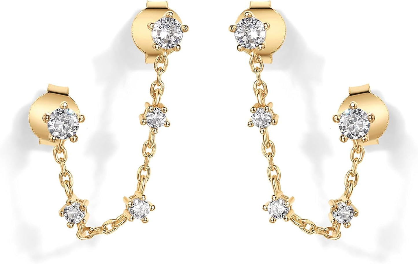 14K Gold Plated Delicate CZ Chain Earrings for Women - Double Piercing Dangle Chain Studs - Cubic Zirconia Earscapes