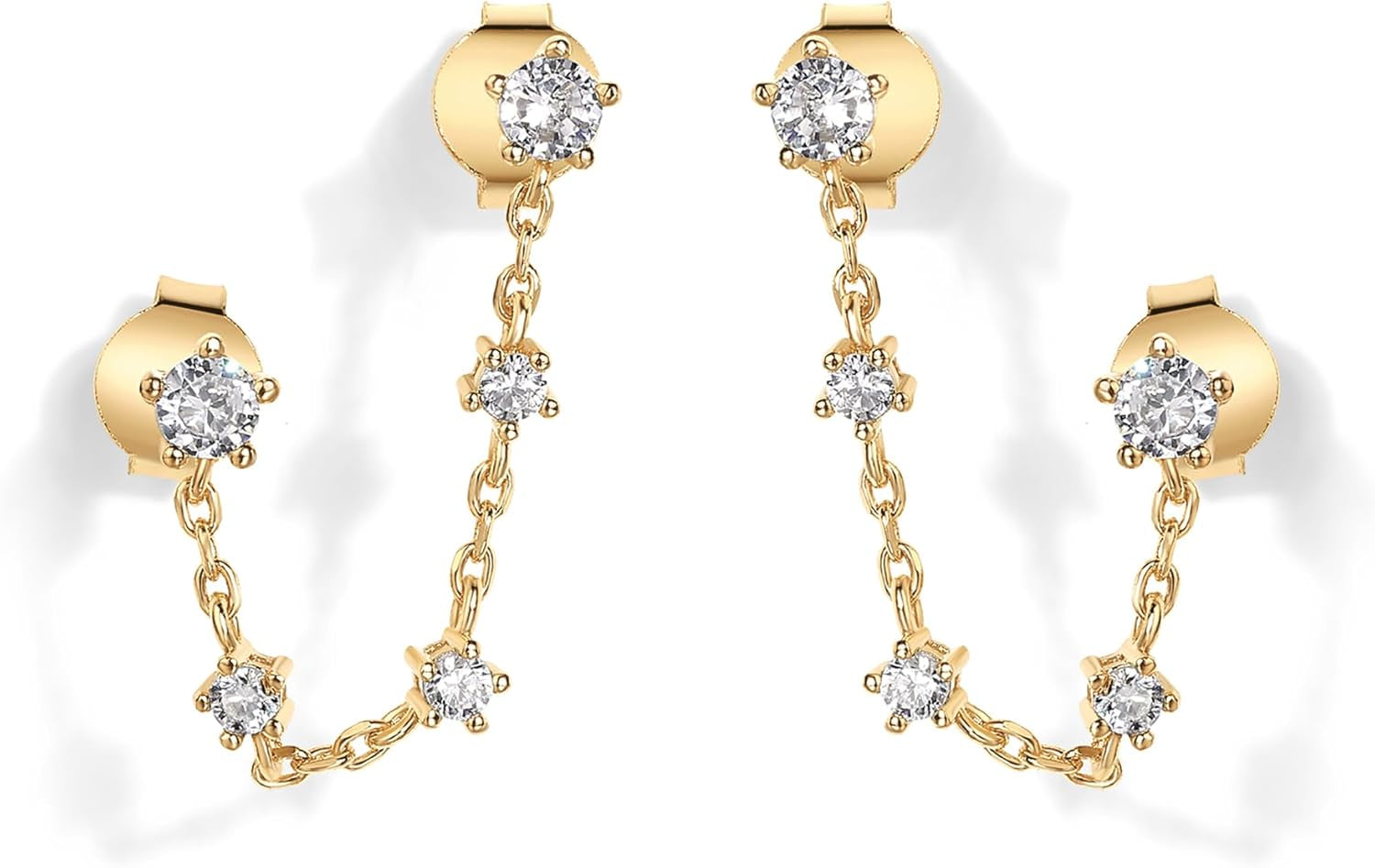14K Gold Plated Delicate CZ Chain Earrings for Women - Double Piercing Dangle Chain Studs - Cubic Zirconia Earscapes