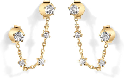 14K Gold Plated Delicate CZ Chain Earrings for Women - Double Piercing Dangle Chain Studs - Cubic Zirconia Earscapes